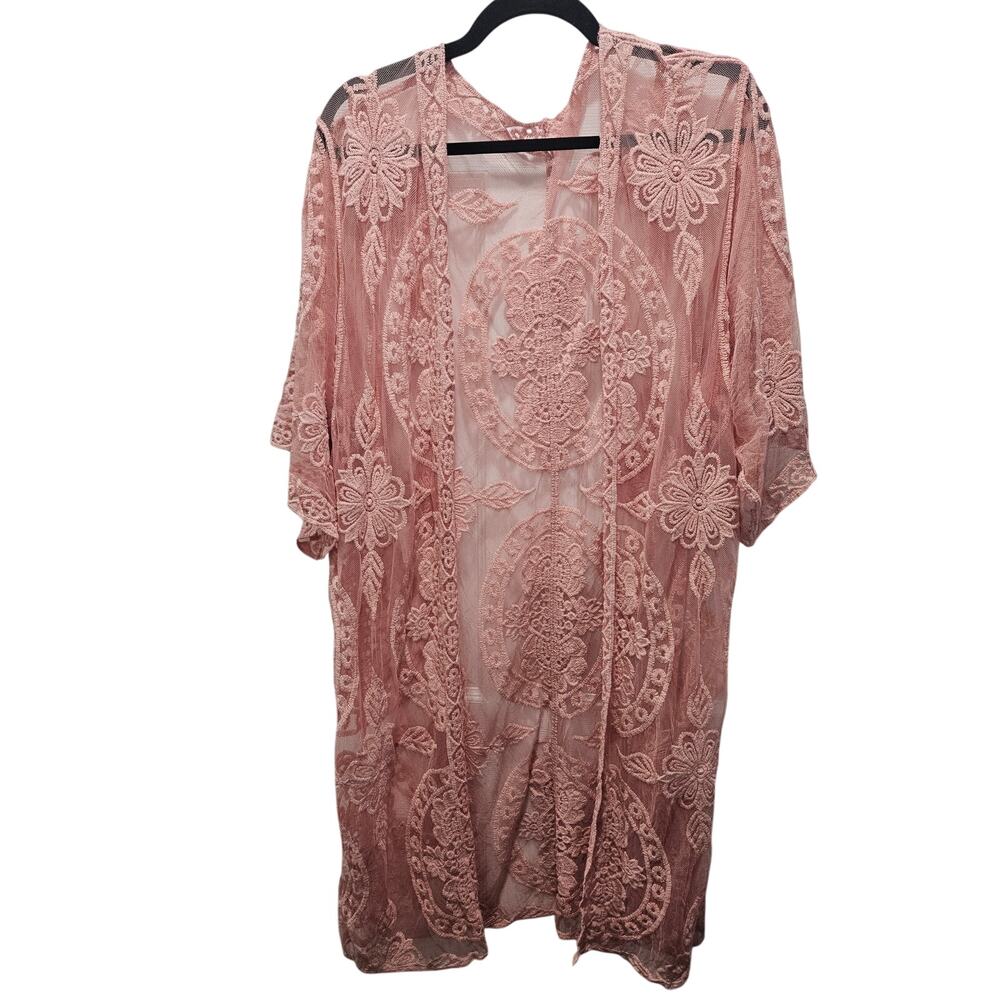 Blush Pink Lace Kimono Cardigan 2X Sheer Floral Open Front Boho Cover Up